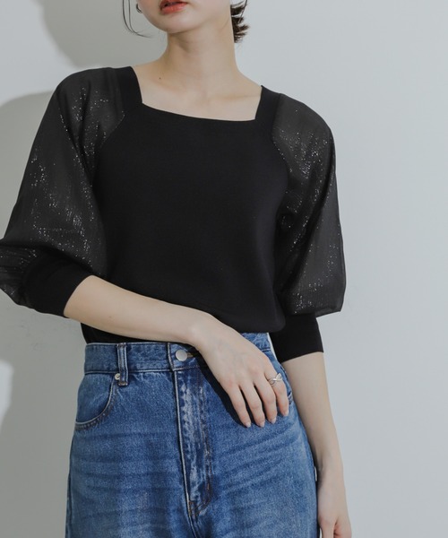 HEYUMM（ヘユム）の「シアーボリュームスリーブセーター(5分袖)（ニット/セーター・レディース・ブラック/オレンジ/ライトブルー・ONE）」の6枚目の写真