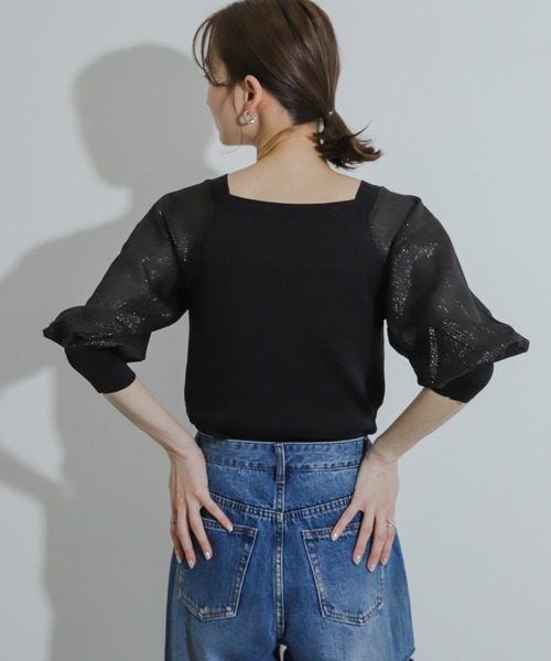 HEYUMM（ヘユム）の「シアーボリュームスリーブセーター(5分袖)（ニット/セーター・レディース・ブラック/オレンジ/ライトブルー・ONE）」の7枚目の写真