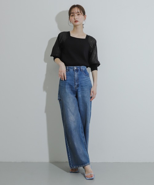 HEYUMM（ヘユム）の「シアーボリュームスリーブセーター(5分袖)（ニット/セーター・レディース・ブラック/オレンジ/ライトブルー・ONE）」の8枚目の写真