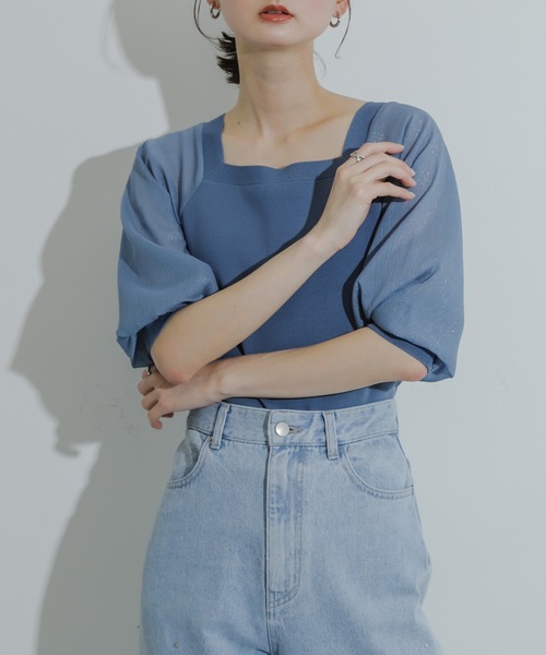 HEYUMM（ヘユム）の「シアーボリュームスリーブセーター(5分袖)（ニット/セーター・レディース・ブラック/オレンジ/ライトブルー・ONE）」の9枚目の写真