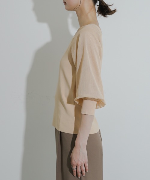 HEYUMM（ヘユム）の「シアーボリュームスリーブセーター(5分袖)（ニット/セーター・レディース・ブラック/オレンジ/ライトブルー・ONE）」の4枚目の写真