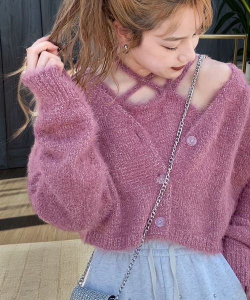 mily bilet(ミウィビレット)の「【mily bilet】冬も抜かりない女子コーデに!チョーカーニットキャミ使いメランジニットアンサンブル(カーディガン/ボレロ・レディース・チャコールグレー/ピンク/ベージュ・MEDIUM/X-LARGE/LARGE/SMALL)」の3枚目の写真