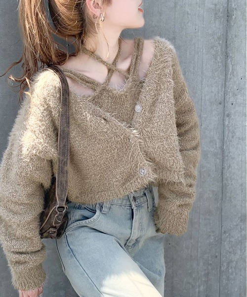 mily bilet(ミウィビレット)の「【mily bilet】冬も抜かりない女子コーデに!チョーカーニットキャミ使いメランジニットアンサンブル(カーディガン/ボレロ・レディース・チャコールグレー/ピンク/ベージュ・MEDIUM/X-LARGE/LARGE/SMALL)」の8枚目の写真