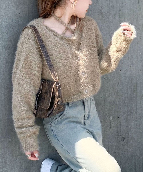 mily bilet(ミウィビレット)の「【mily bilet】冬も抜かりない女子コーデに!チョーカーニットキャミ使いメランジニットアンサンブル(カーディガン/ボレロ・レディース・チャコールグレー/ピンク/ベージュ・MEDIUM/X-LARGE/LARGE/SMALL)」の10枚目の写真