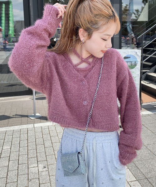 mily bilet(ミウィビレット)の「【mily bilet】冬も抜かりない女子コーデに!チョーカーニットキャミ使いメランジニットアンサンブル(カーディガン/ボレロ・レディース・チャコールグレー/ピンク/ベージュ・MEDIUM/X-LARGE/LARGE/SMALL)」の5枚目の写真