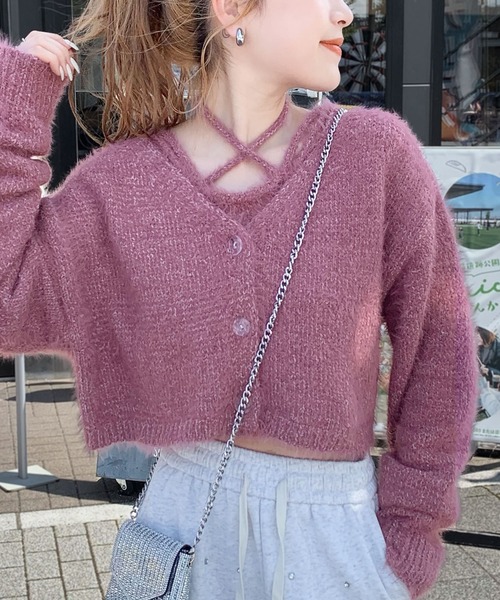 mily bilet(ミウィビレット)の「【mily bilet】冬も抜かりない女子コーデに!チョーカーニットキャミ使いメランジニットアンサンブル(カーディガン/ボレロ・レディース・チャコールグレー/ピンク/ベージュ・MEDIUM/X-LARGE/LARGE/SMALL)」の7枚目の写真