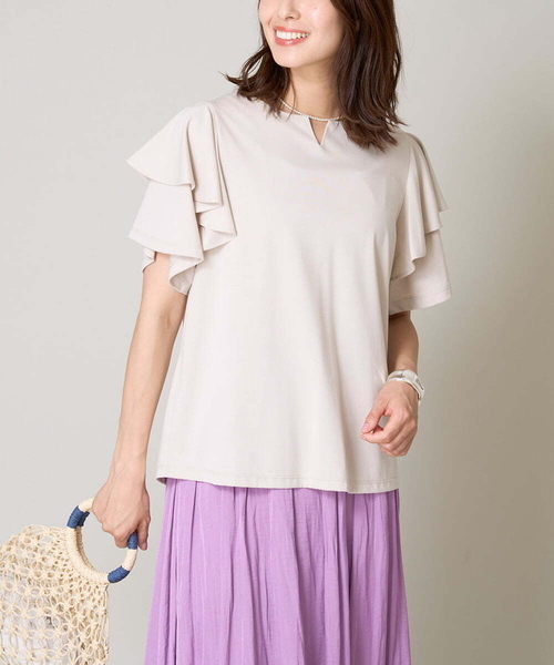 a.v.v(アーヴェヴェ)の「【接触冷感/UVカット】ラッフルフレアスリーブトップス(Tシャツ/カットソー・レディース・ブラック/ライトグレー/ダークインディゴブルー・34/38/36/42/40)」の1枚目の写真