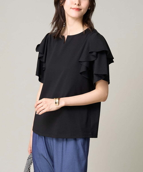 a.v.v(アーヴェヴェ)の「【接触冷感/UVカット】ラッフルフレアスリーブトップス(Tシャツ/カットソー・レディース・ブラック/ライトグレー/ダークインディゴブルー・34/38/36/42/40)」の2枚目の写真