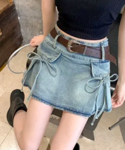 Teem Store(チームストア)の「リボンサイドポケット デニムミニスカート(デニムスカート・レディース・ブルー・S/M/L)」の2枚目の写真