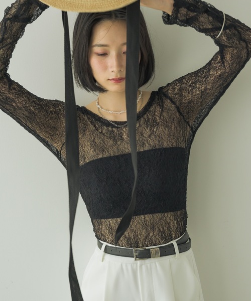 NEUNA（ヌナ）の「フラワーメッシュロンT（Tシャツ/カットソー・レディース・ホワイト/ブラック・FREE）」の13枚目の写真