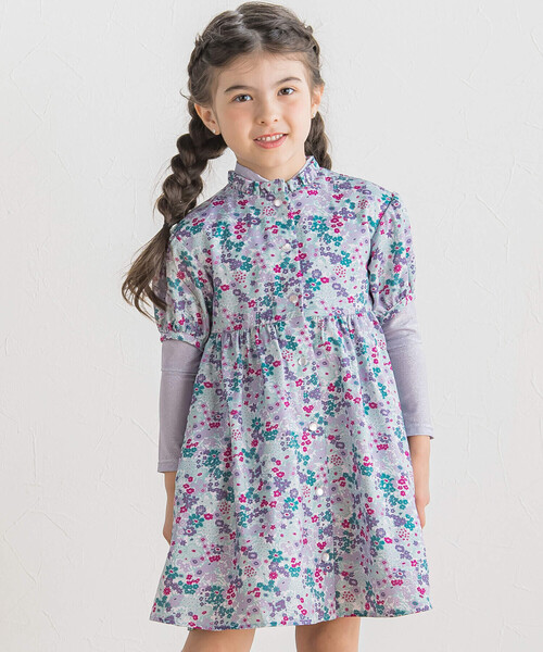 【セール】【お揃い】サテンフローラルパフスリーブワンピース(90~150cm)（ワンピース）｜BeBe（ベベ）