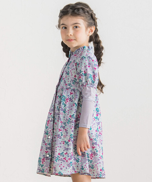 【セール】【お揃い】サテンフローラルパフスリーブワンピース(90~150cm)（ワンピース）｜BeBe（ベベ）
