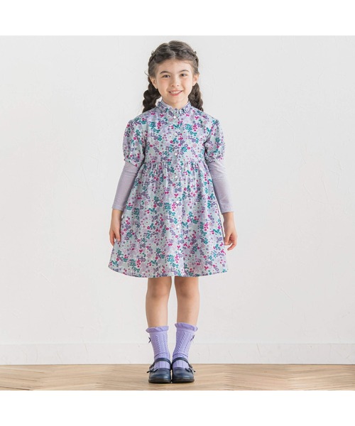 【セール】【お揃い】サテンフローラルパフスリーブワンピース(90~150cm)（ワンピース）｜BeBe（ベベ）