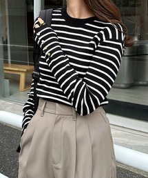 andme | 【新色追加】袖ボタン無地ボーダー長袖リブニットトップス(ニット/セーター)