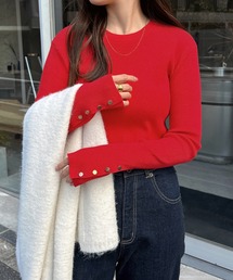 andme | 【新色追加】袖ボタン無地ボーダー長袖リブニットトップス(ニット/セーター)