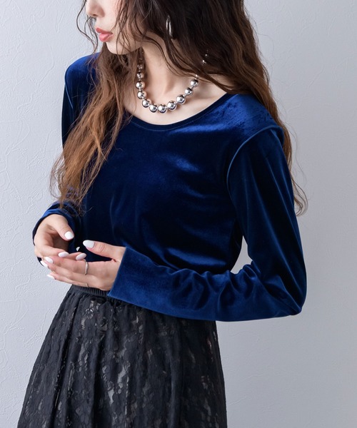 FREY 今期完売品　ダブルベロアトップス　ネイビー セール】2WAYベロアトップス（Tシャツ/カットソー）｜bohmal（ボマール