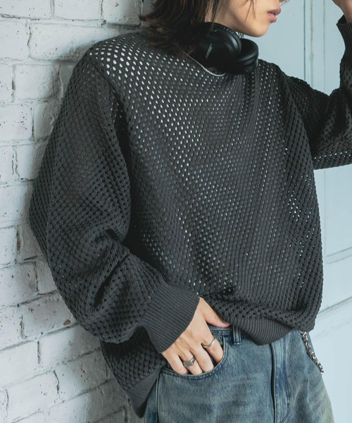 SENSE OF PLACE by URBAN RESEARCH（センスオブプレイスバイアーバンリサーチ）の「『洗濯可』シアーメッシュクルーネックニット（ニット/セーター・メンズ・ブルー/チャコールグレー/オレンジ/パープル・LARGE/MEDIUM）」の2枚目の写真