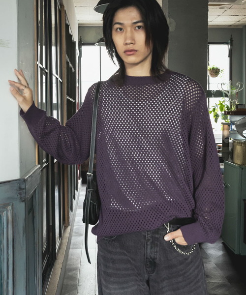 SENSE OF PLACE by URBAN RESEARCH（センスオブプレイスバイアーバンリサーチ）の「『洗濯可』シアーメッシュクルーネックニット（ニット/セーター・メンズ・ブルー/チャコールグレー/オレンジ/パープル・LARGE/MEDIUM）」の17枚目の写真