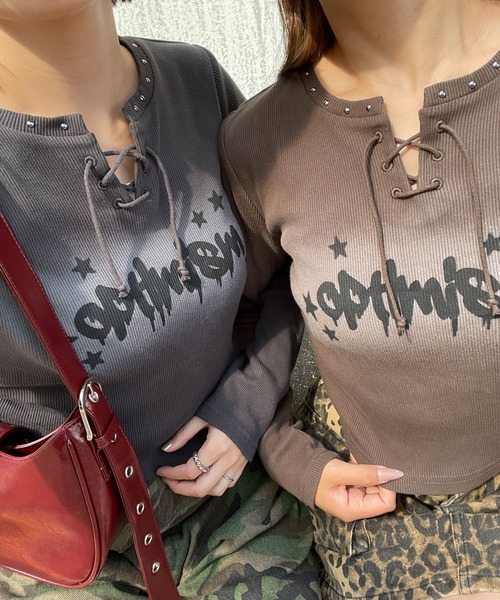 WEGO(ウィゴー)の「WEGO/レースアップブリーチトップス(Tシャツ/カットソー・レディース・ブラック/ブラウン・FREE)」の3枚目の写真