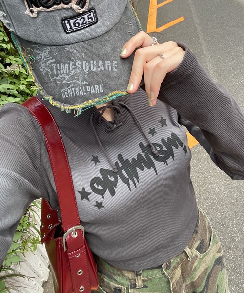 WEGO(ウィゴー)の「WEGO/レースアップブリーチトップス(Tシャツ/カットソー・レディース・ブラック/ブラウン・FREE)」の7枚目の写真