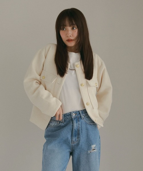N WITH.（エヌウィズ）の「ツウィードショートジャケット（ノーカラージャケット・レディース・ブラック/アイボリー・FREE）」の2枚目の写真