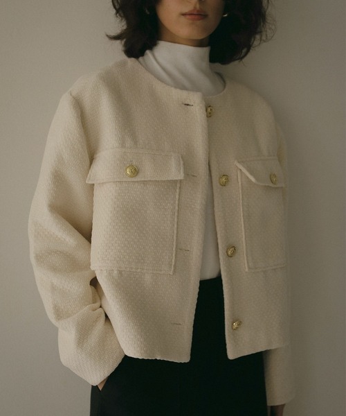 N WITH.（エヌウィズ）の「ツウィードショートジャケット（ノーカラージャケット・レディース・ブラック/アイボリー・FREE）」の12枚目の写真