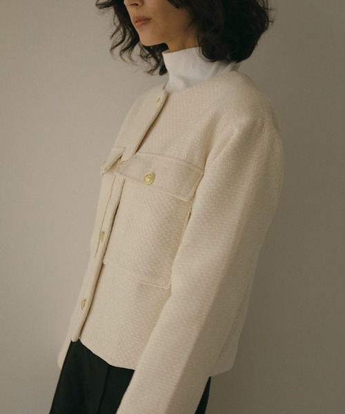 N WITH.（エヌウィズ）の「ツウィードショートジャケット（ノーカラージャケット・レディース・ブラック/アイボリー・FREE）」の5枚目の写真
