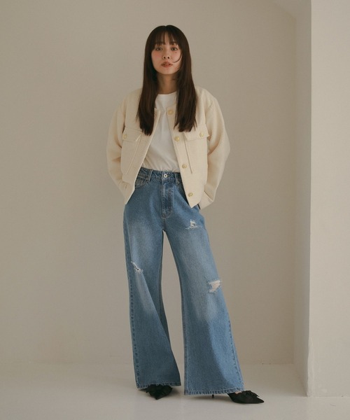 N WITH.（エヌウィズ）の「ツウィードショートジャケット（ノーカラージャケット・レディース・ブラック/アイボリー・FREE）」の6枚目の写真