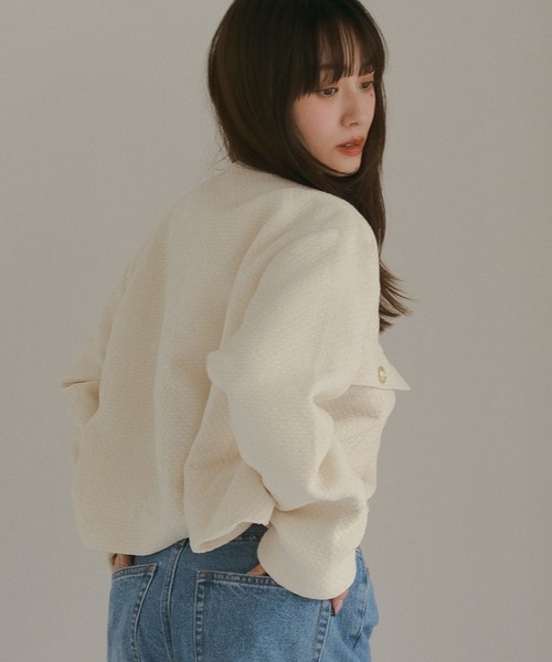 N WITH.（エヌウィズ）の「ツウィードショートジャケット（ノーカラージャケット・レディース・ブラック/アイボリー・FREE）」の7枚目の写真