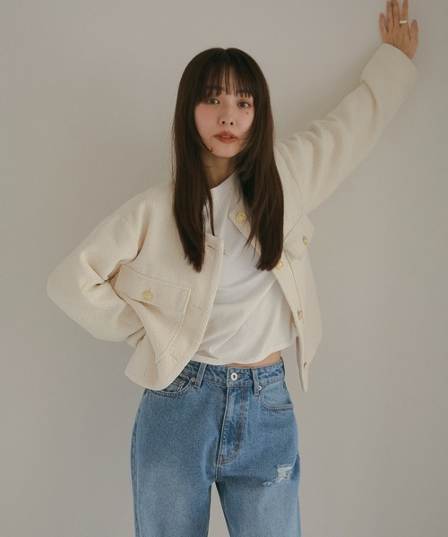 N WITH.（エヌウィズ）の「ツウィードショートジャケット（ノーカラージャケット・レディース・ブラック/アイボリー・FREE）」の9枚目の写真