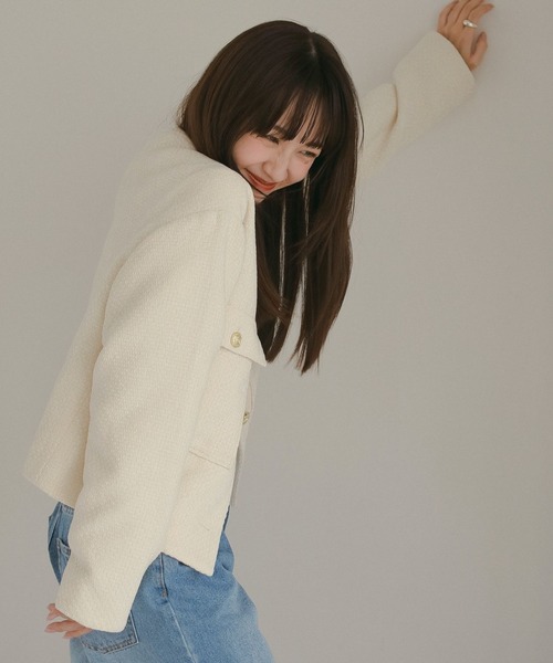 N WITH.（エヌウィズ）の「ツウィードショートジャケット（ノーカラージャケット・レディース・ブラック/アイボリー・FREE）」の10枚目の写真