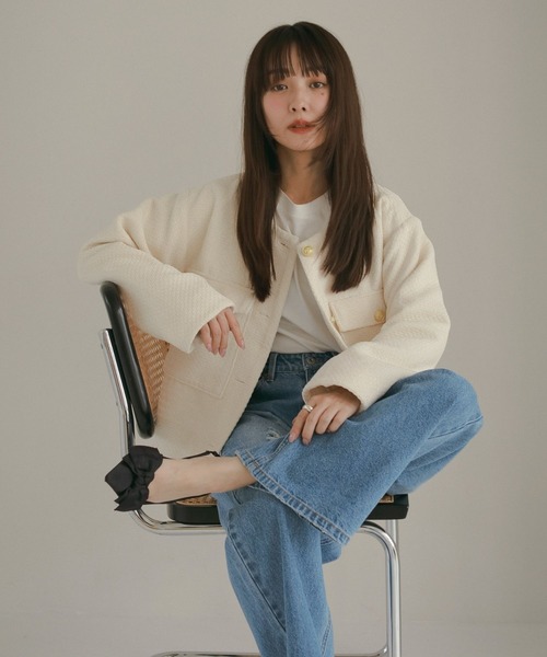 N WITH.（エヌウィズ）の「ツウィードショートジャケット（ノーカラージャケット・レディース・ブラック/アイボリー・FREE）」の3枚目の写真