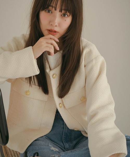 N WITH.（エヌウィズ）の「ツウィードショートジャケット（ノーカラージャケット・レディース・ブラック/アイボリー・FREE）」の4枚目の写真