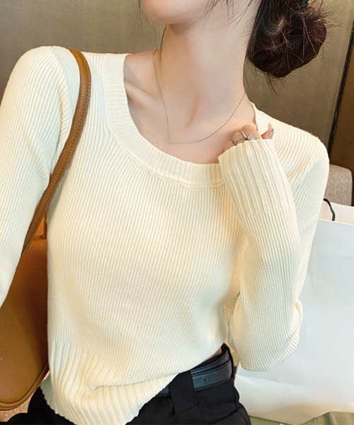 Miniministore(ミニミニストア)の「ニットトップス ラウンドネック 春秋冬(ニット/セーター・レディース・アイボリー/ブラック/ピンクベージュ/マスタード/ホワイト/ブラウン/グレー・FREE)」の1枚目の写真