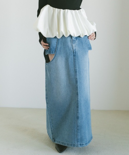 VANNIE U(ヴァニーユー)の「サイドカットアウトデニムスカート/SM展開(デニムスカート・レディース・インディゴブルー/ライトブルー/ブルー・S/M)」の3枚目の写真
