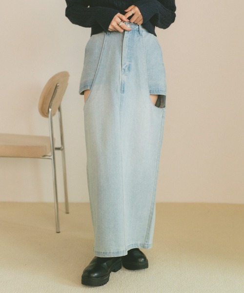 VANNIE U(ヴァニーユー)の「サイドカットアウトデニムスカート/SM展開(デニムスカート・レディース・インディゴブルー/ライトブルー/ブルー・S/M)」の15枚目の写真