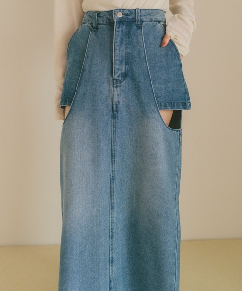 VANNIE U(ヴァニーユー)の「サイドカットアウトデニムスカート/SM展開(デニムスカート・レディース・インディゴブルー/ライトブルー/ブルー・S/M)」の8枚目の写真