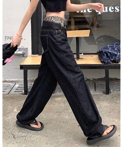 セール】レオパード柄ダブルウエストデニムワイドパンツ（デニム