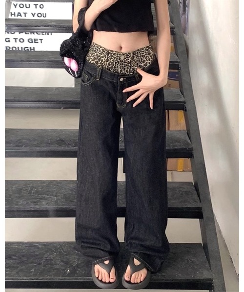 セール】レオパード柄ダブルウエストデニムワイドパンツ（デニム