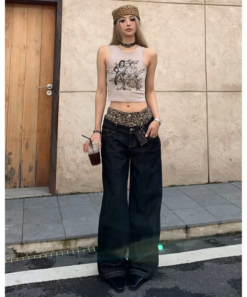 セール】レオパード柄ダブルウエストデニムワイドパンツ（デニム