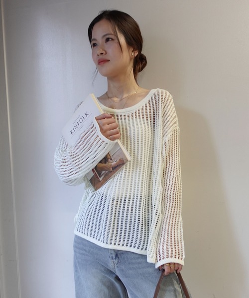 CORNERS（コーナーズ）の「メッシュ編みルーズニットトップス（ニット/セーター・レディース・ミント/アイボリー/ブラック・M）」の5枚目の写真