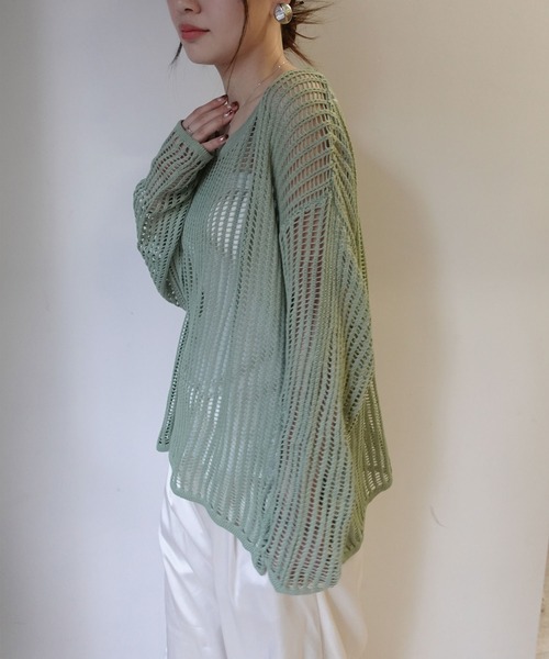 CORNERS（コーナーズ）の「メッシュ編みルーズニットトップス（ニット/セーター・レディース・ミント/アイボリー/ブラック・M）」の10枚目の写真