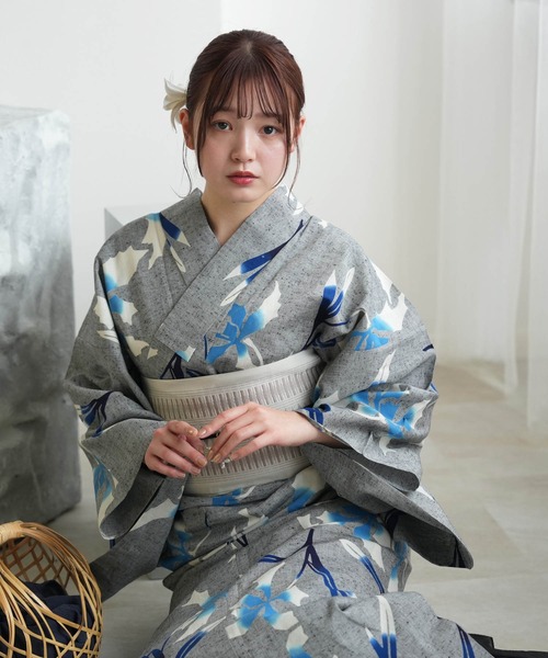 手染め注染浴衣3点セット utatane×注染工房 赤坂紬 上品グレーに滲み