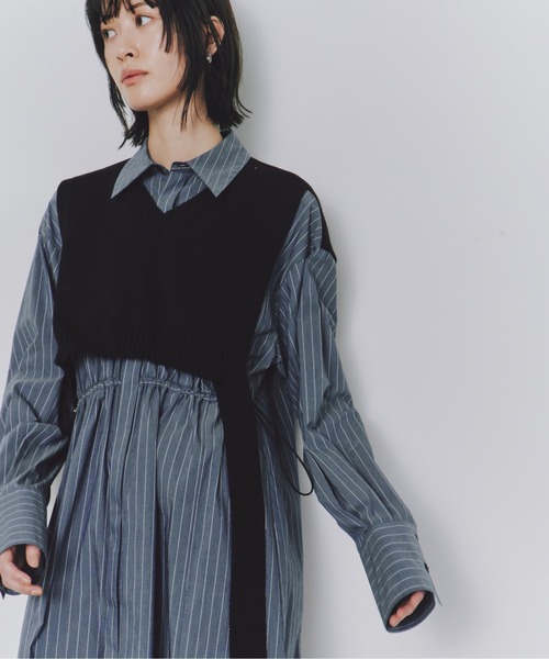 セール】【残りわずか！】ニットドッキングチューニックシャツ｜防シワ