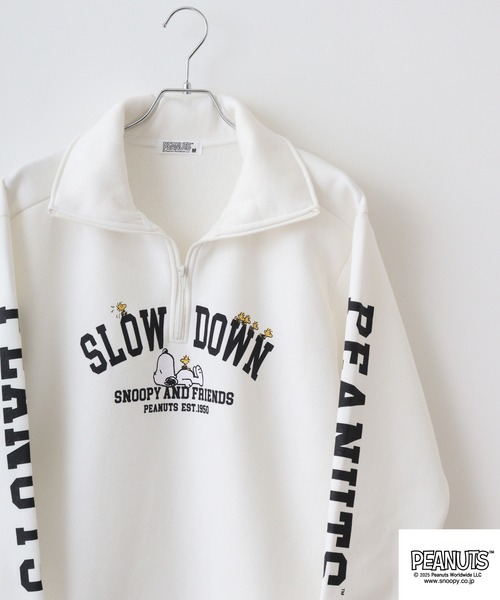 PEANUTS（ピーナッツ）の「PEANUTS裏起毛ハーフジップトレーナー（スウェット・メンズ・グリーン/ネイビー/杢グレー/オフホワイト/グレイッシュベージュ/ブラック・M/L/LL）」の2枚目の写真