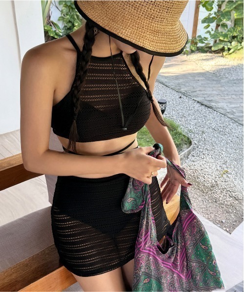 セパレート 水着 セット パンチングレース 白黒 スカート 可愛い [2点