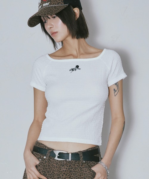 Tシャツ・カットソー [NIIER NOR] WRINKLE OFF SHOULDER CROP TOP A'GEM/9 × .kom 『NIIER NOR/ニーアノア』 WRINKLE OFF SHOULDER