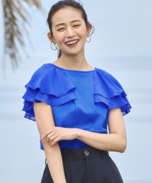 洗える ストレッチ | シアー ダブル フリル ケープ Tシャツ | レディース きれいめカジュアル 通勤 半袖 おしゃれ きれいめ カジュアル トップス カットソー