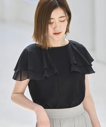 洗える ストレッチ | シアー ダブル フリル ケープ Tシャツ | レディース きれいめカジュアル 通勤 半袖 おしゃれ きれいめ カジュアル トップス カットソー