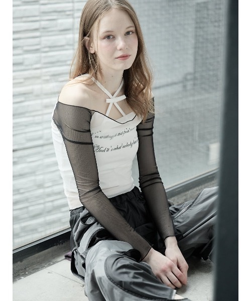 lilLilly（リルリリー）の「チュールオフショルラグランメッシュトップス（Tシャツ/カットソー・レディース・ホワイト/ブラック/ブルー・FREE）」の9枚目の写真